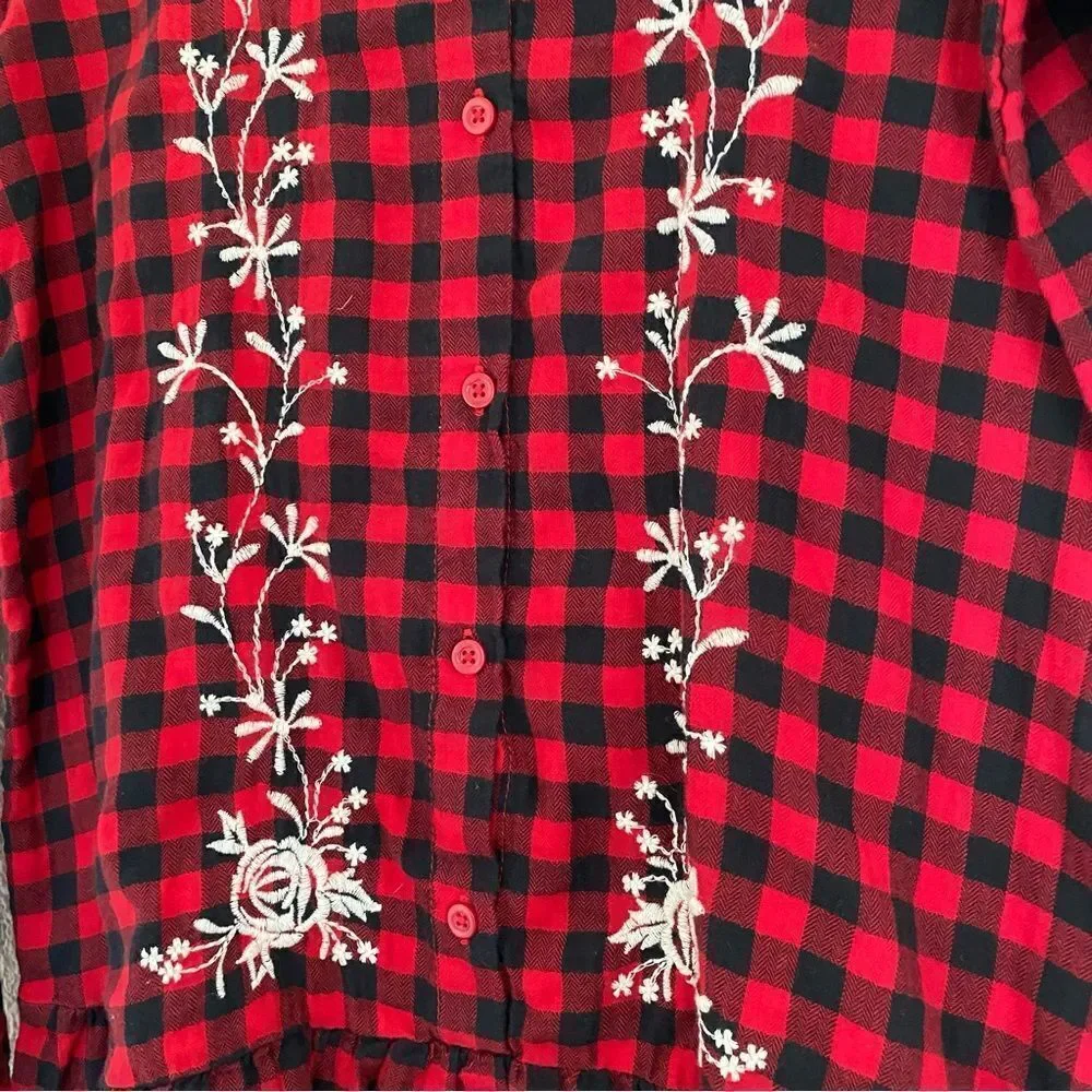 Gap Embroidered red Christmas Plaid button up ruffle shirt Dress girls XL